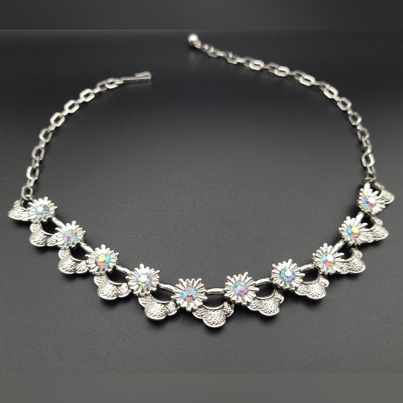 Coro Signed Silver Floral Choker Necklace with Irridescent Blue Crystals - Picture 5 of 7
